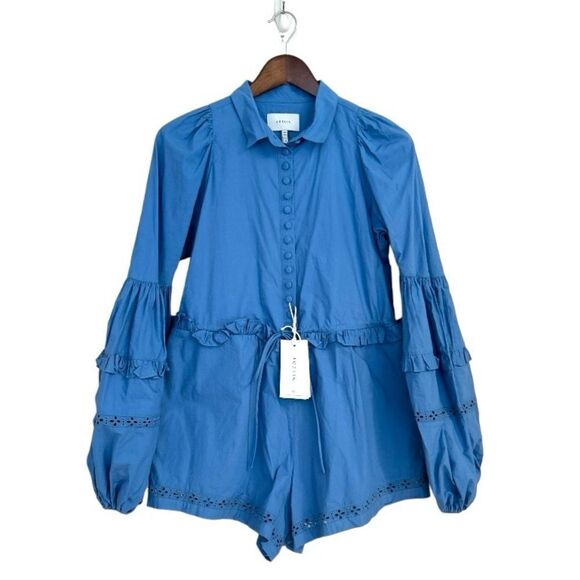 Joslin Lili Cotton Eyelet Ruffle Poplin Cotton Romper in Cerulean Blue, Size 2 - Picture 6 of 16